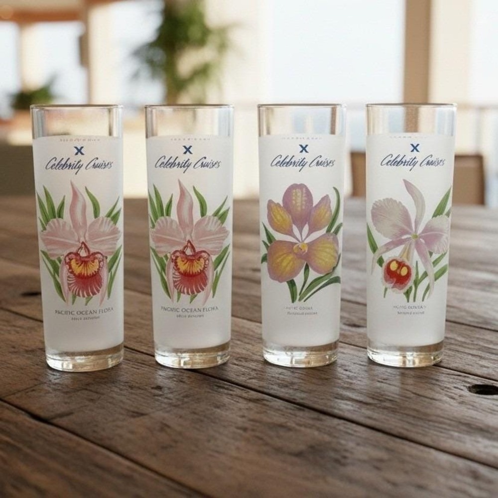 Celebrity Cruises Frosted Tropical Orchid Highball Glasses, Set of 4, Barware‎